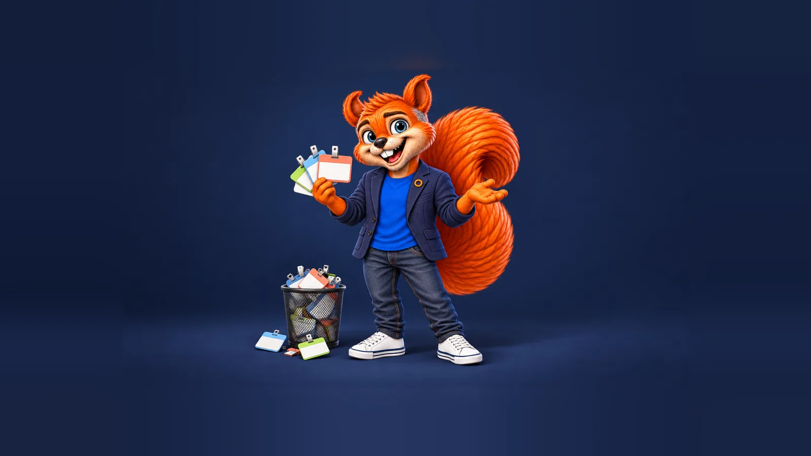 The CEOle squirrel holding a fan of old company name badges, with a trash can of retired badges at his feet