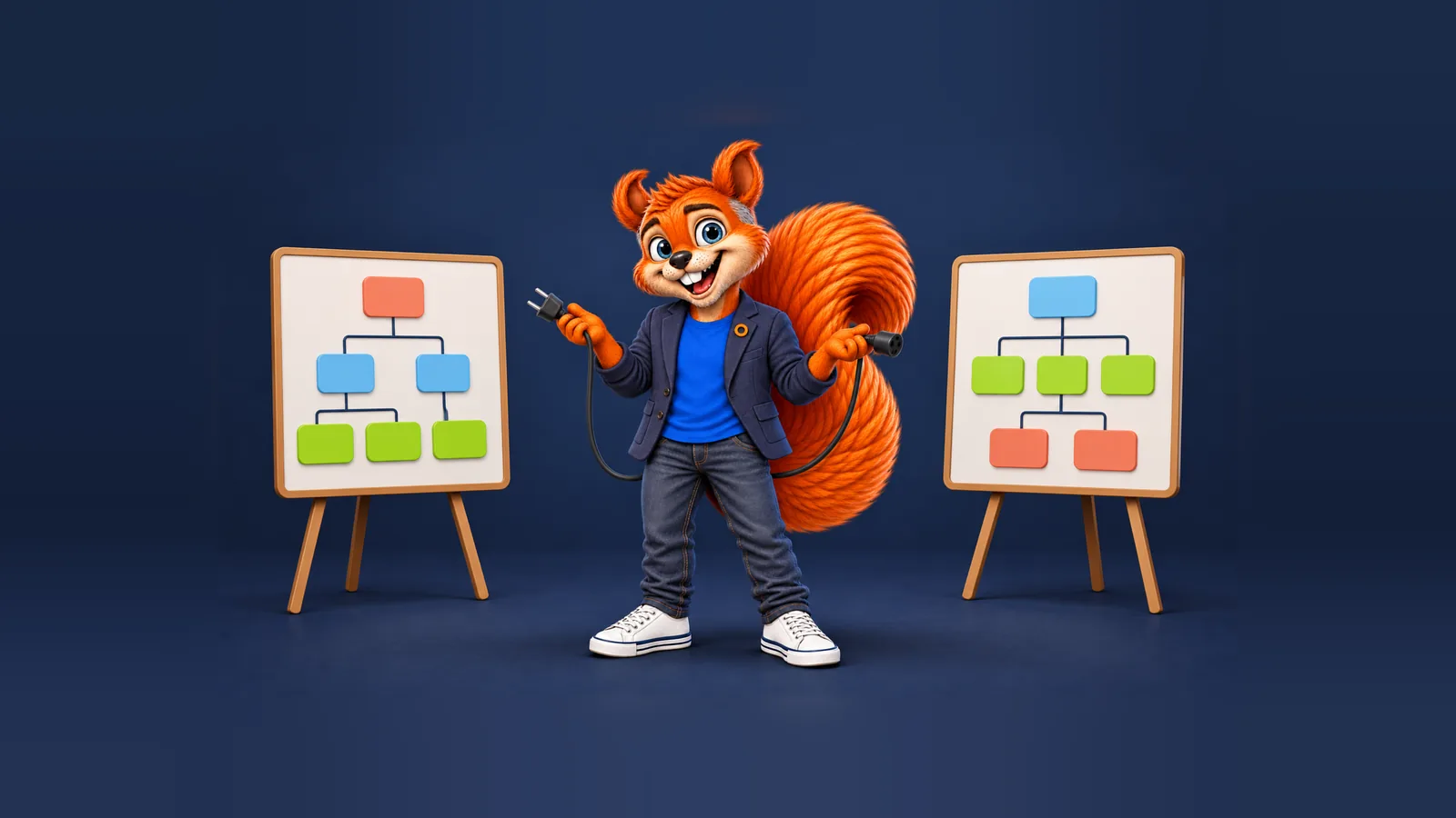 The CEOle squirrel standing between two org charts that don't match, holding an unplugged cable