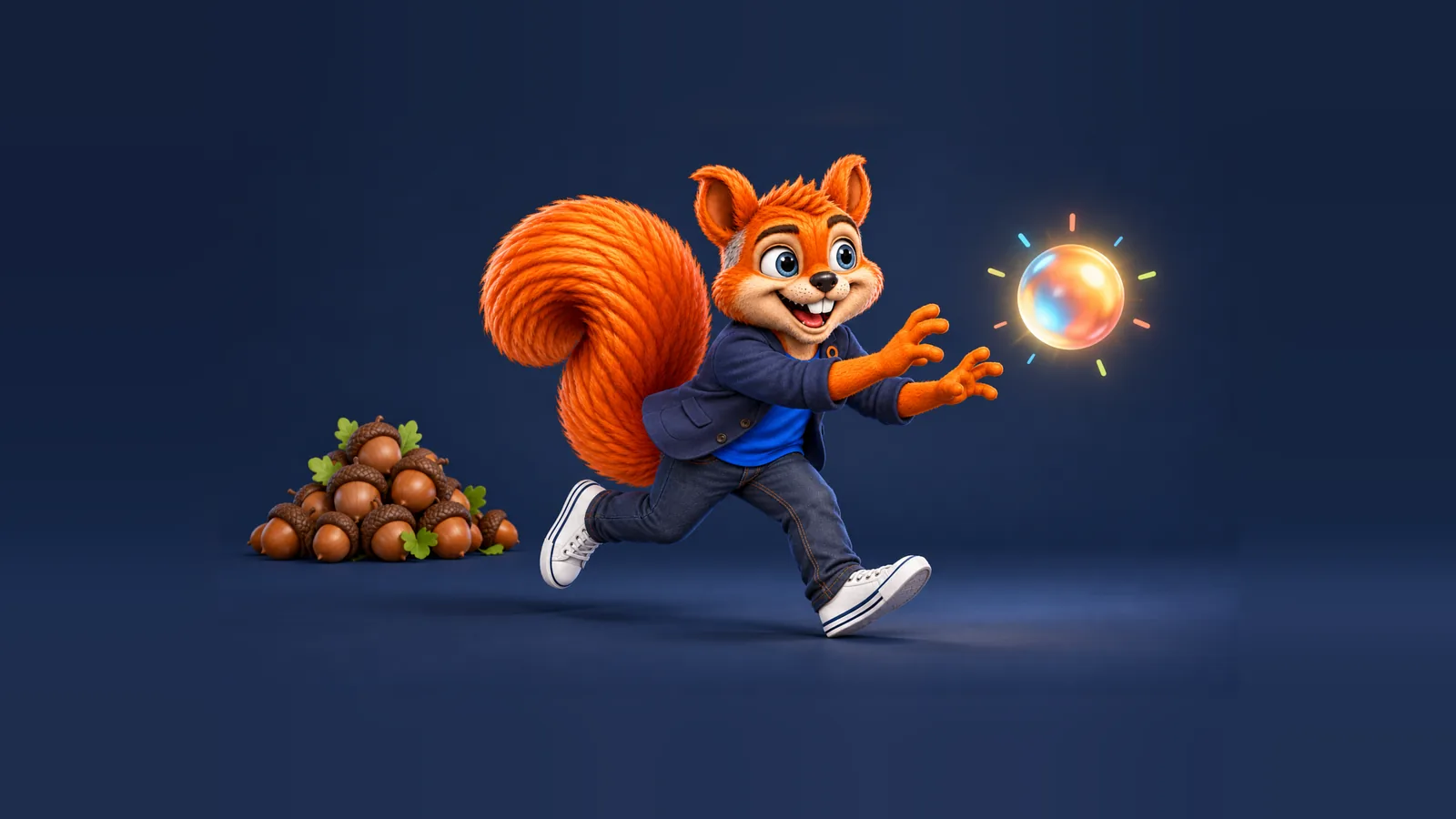 The CEOle squirrel chasing a glowing orb while a pile of acorns sits ignored behind him