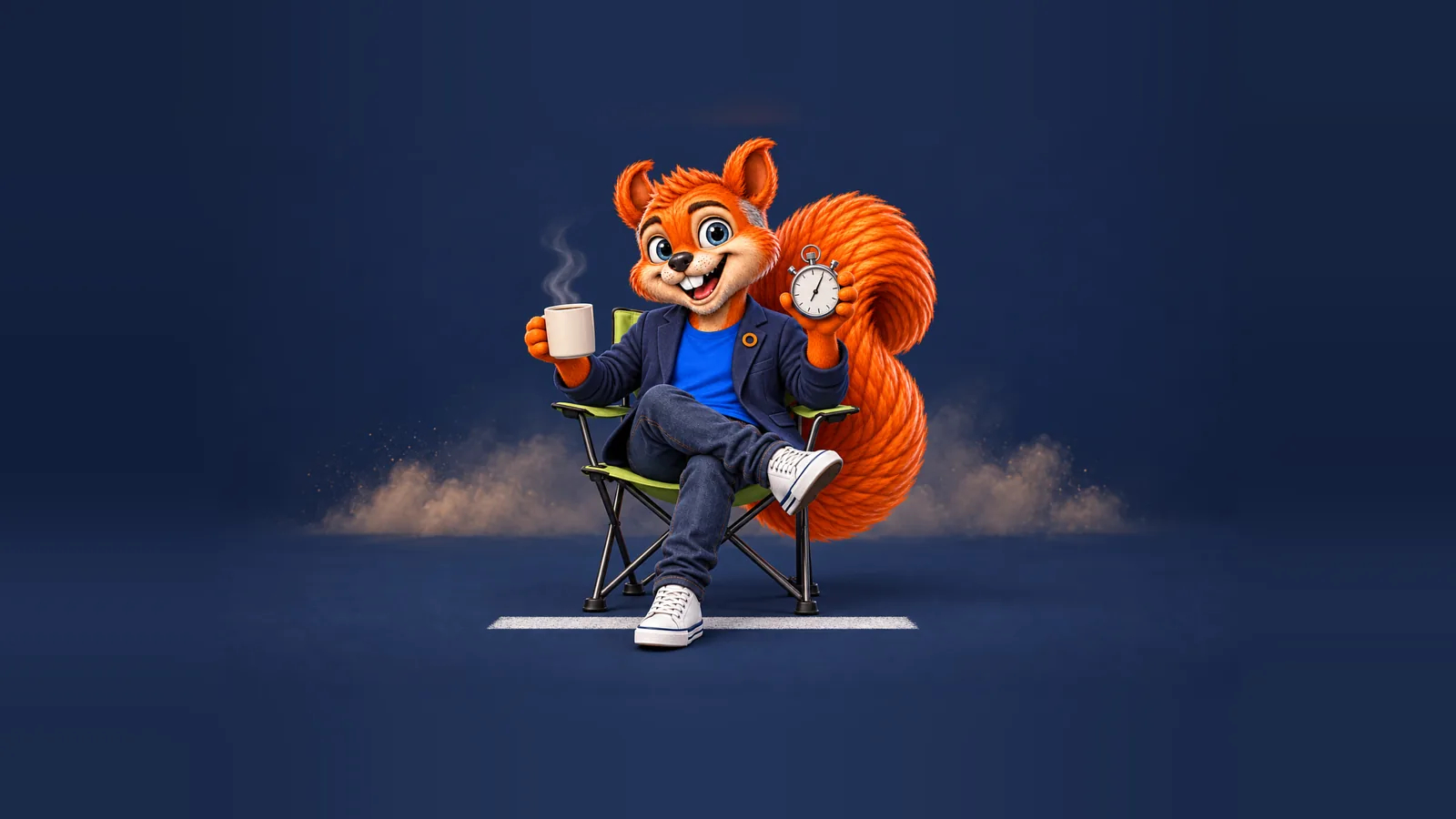 The CEOle squirrel relaxing in a folding chair with coffee and a stopwatch at a race starting line