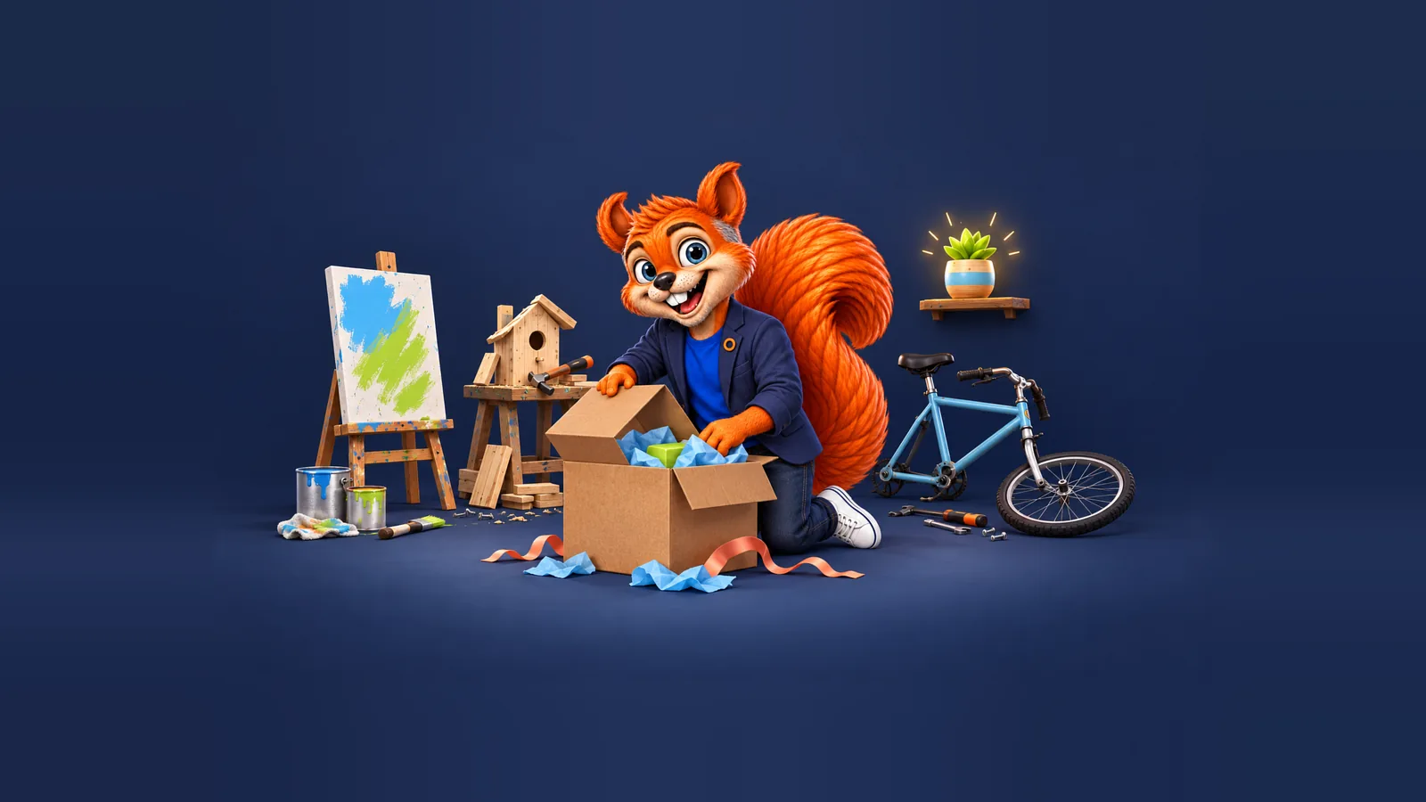 The CEOle squirrel opening yet another box, surrounded by half-finished projects